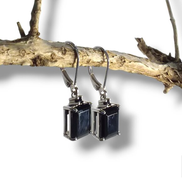BBJ 925 Sterling Silver Dangle Earrings Black Onyx Emerald Cut Lever Backs - Picture 10 of 11